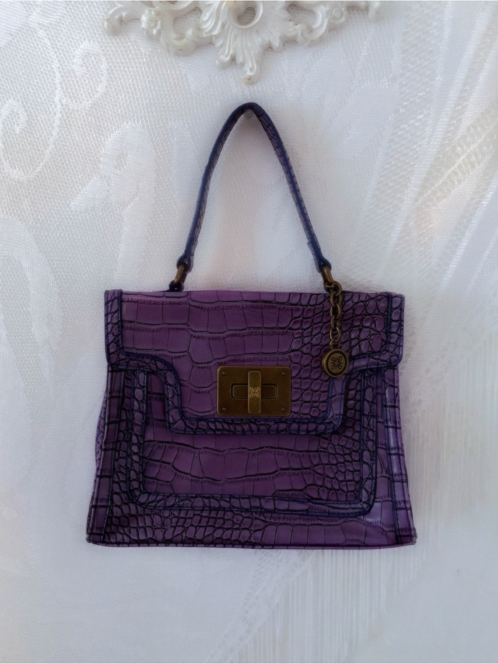 Whimsigoth McBling faux crocodile embossed purple handbag